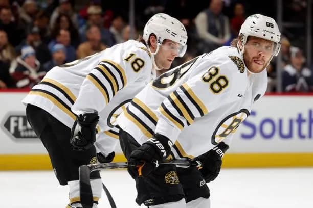 Pavel Zacha and David Pastrnak of the Boston Bruins