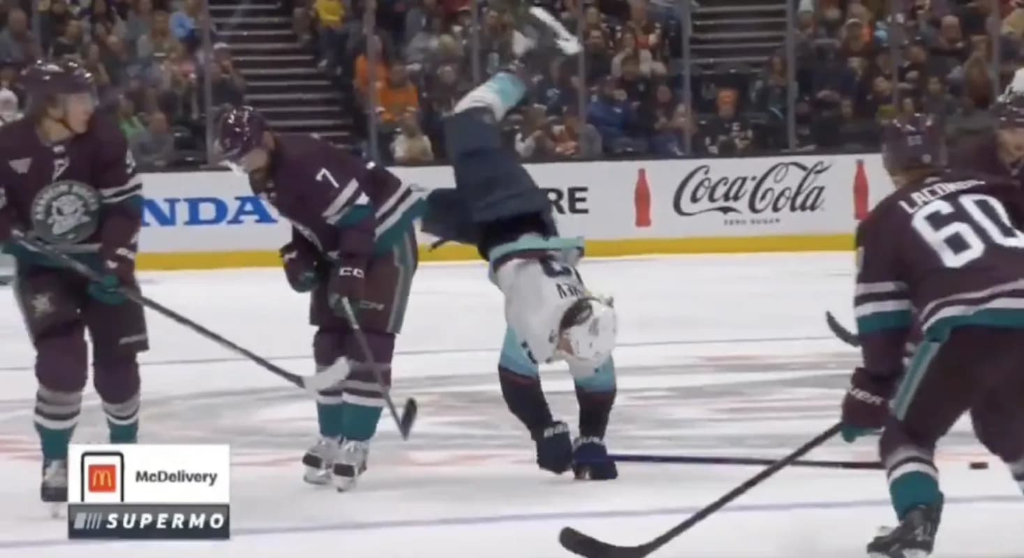 Radko Gudas hitting Brandon Tanev