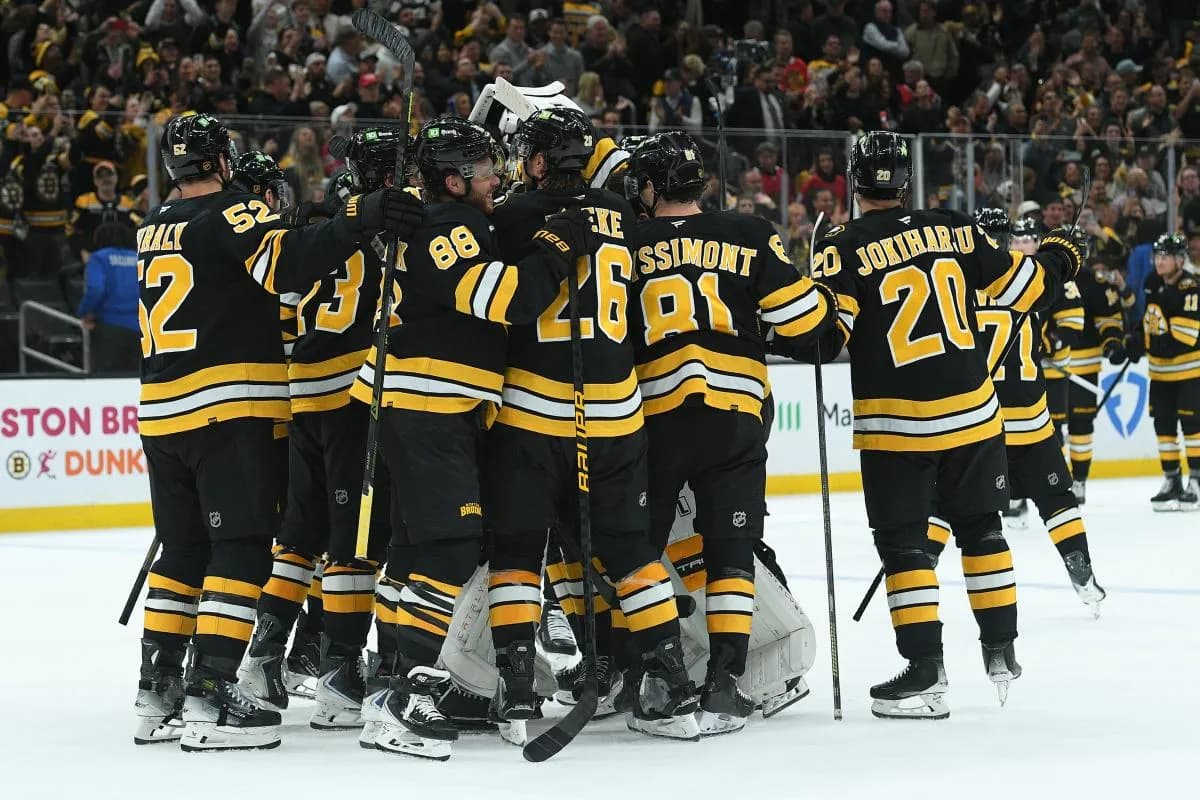 The Boston Bruins celebrate their overtime win over the Chicago Blackhawks at TD Garden.