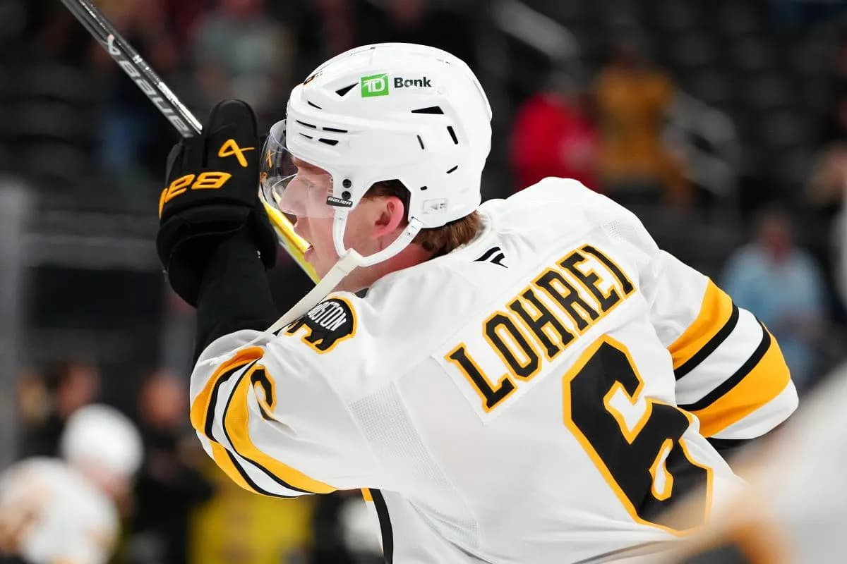 Boston Bruins defenseman Mason Lohrei (6) warms up before a game against the Vegas Golden Knights at T-Mobile Arena.