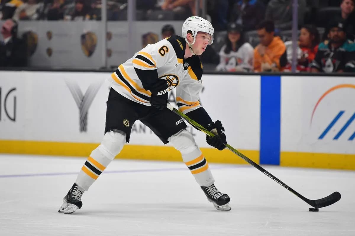 Boston Bruins defenseman Mason Lohrei (6) controls the puck against the Anaheim Ducks during the first period at Honda Center.