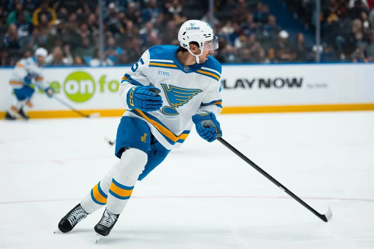 St. Louis Blues forward Jordan Kyrou (25) skates against the Vancouver Canucks in the second period at Rogers Arena.