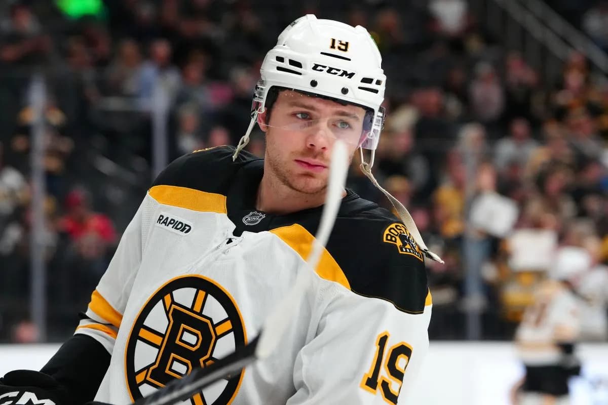 Boston Bruins center John Beecher (19) warms up before a game against the Vegas Golden Knights at T-Mobile Arena.