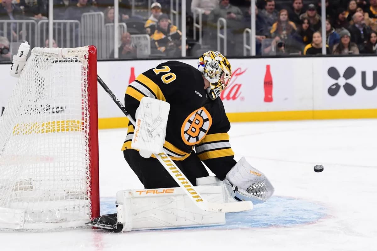 Boston Bruins goaltender Joonas Korpisalo (70) makes a save during the second period against the St. Louis Blues at TD Garden.