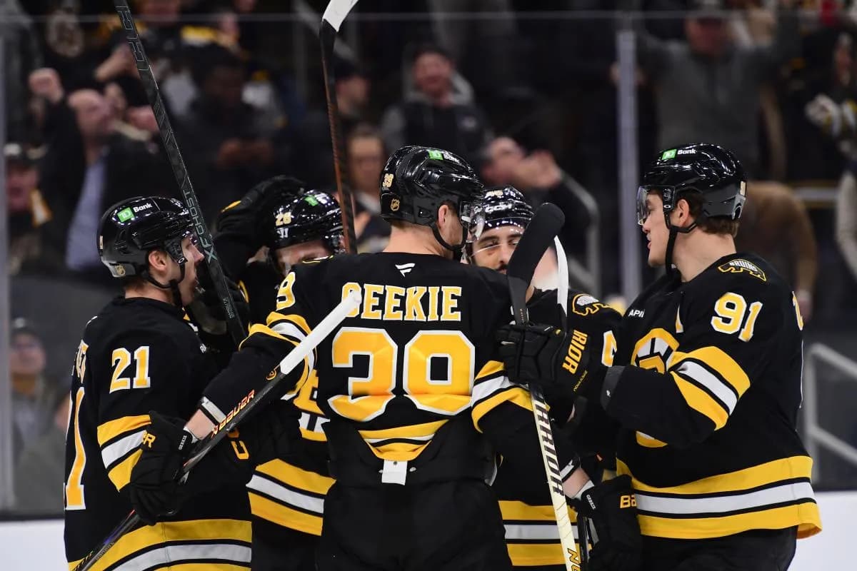 Boston Bruins center Morgan Geekie (39) celebrates his goal with his teammates during the first period against the St. Louis Blues at TD Garden.