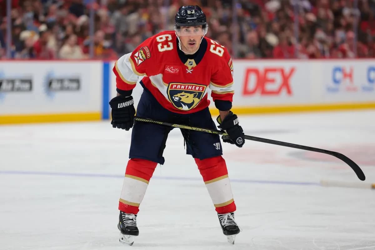 Florida Panthers left wing Brad Marchand (63) looks on against the St. Louis Blues during the second period at Amerant Bank Arena.