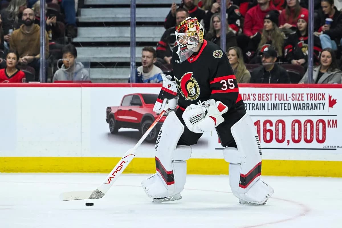 Ottawa Senators goalie Linus Ullmark (35) intercepts the puck against the St. Louis Blues during the second period at Canadian Tire Centre.