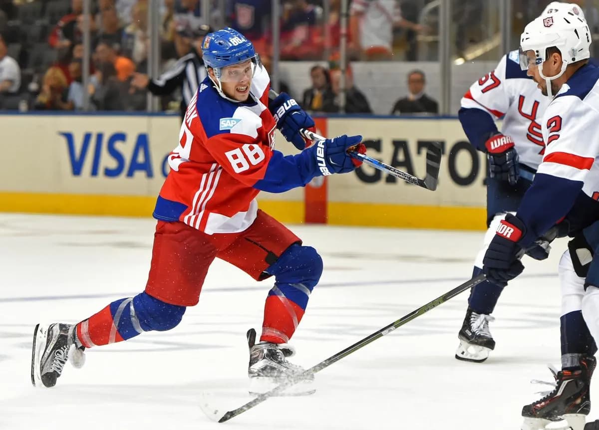 Team Czech Republic forward David Pastrnak (88) takes a shot past Team USA defenceman Matt Niskanen (2) during preliminary round play in the 2016 World Cup of Hockey at Air Canada Centre.