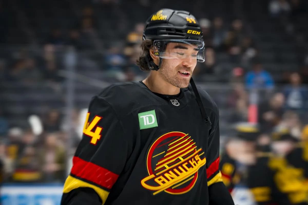 Vancouver Canucks forward Kiefer Sherwood (44) reacts in warm up prior to a game against the Boston Bruins at Rogers Arena.