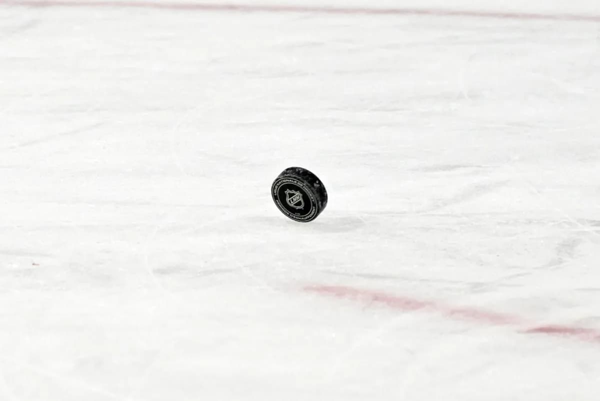 Puck with the NHL logo before the game between the Chicago Blackhawks and Montreal Canadiens at the Bell Centre.