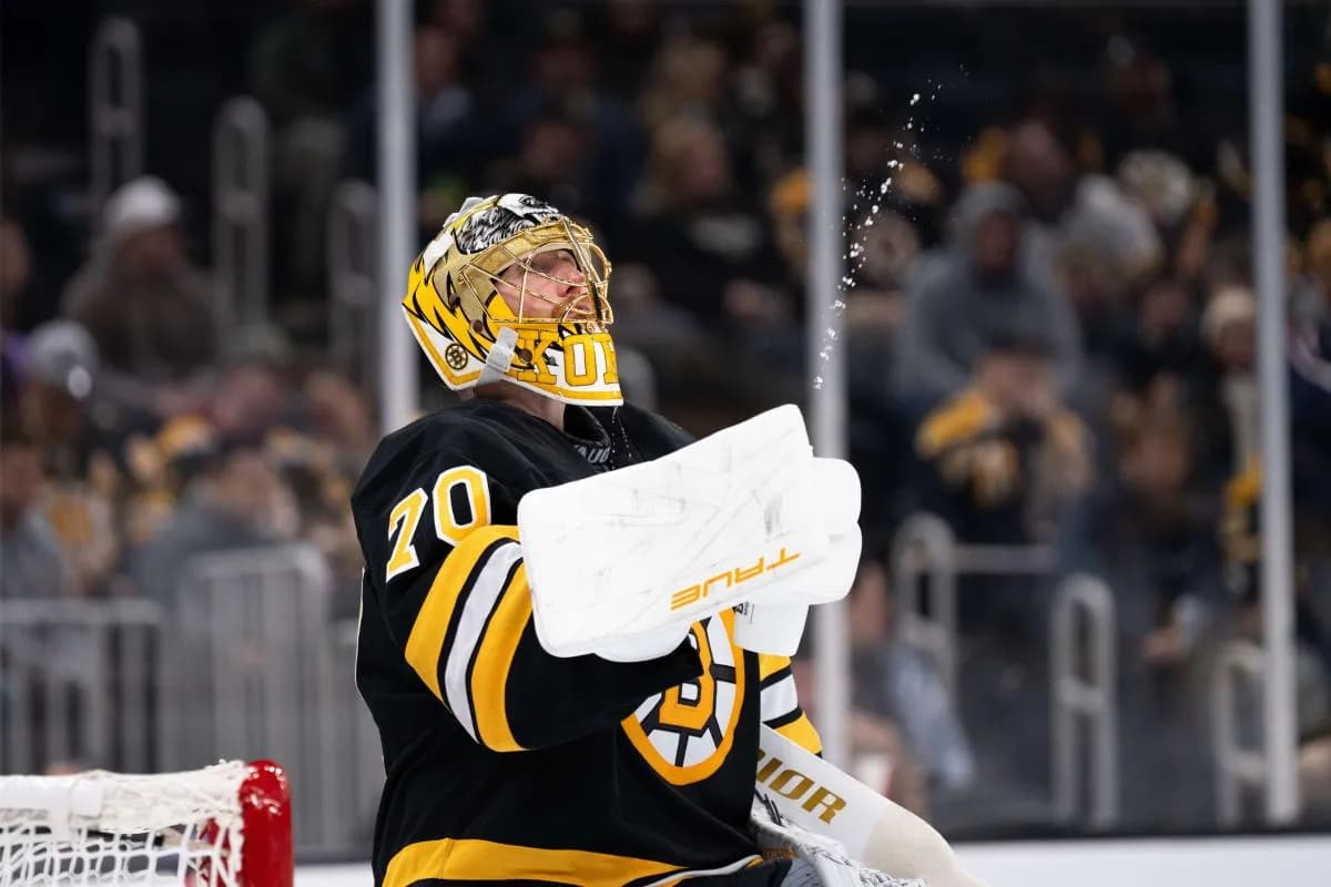 Boston Bruins goaltender Joonas Korpisalo (70) before the start of the second period of the game against the Pittsburgh Penguins at TD Garden.