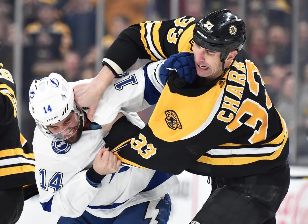 Boston Bruins defenseman Zdeno Chara (33) fights with Tampa Bay Lightning left wing Pat Maroon (14) during the second period at TD Garden.