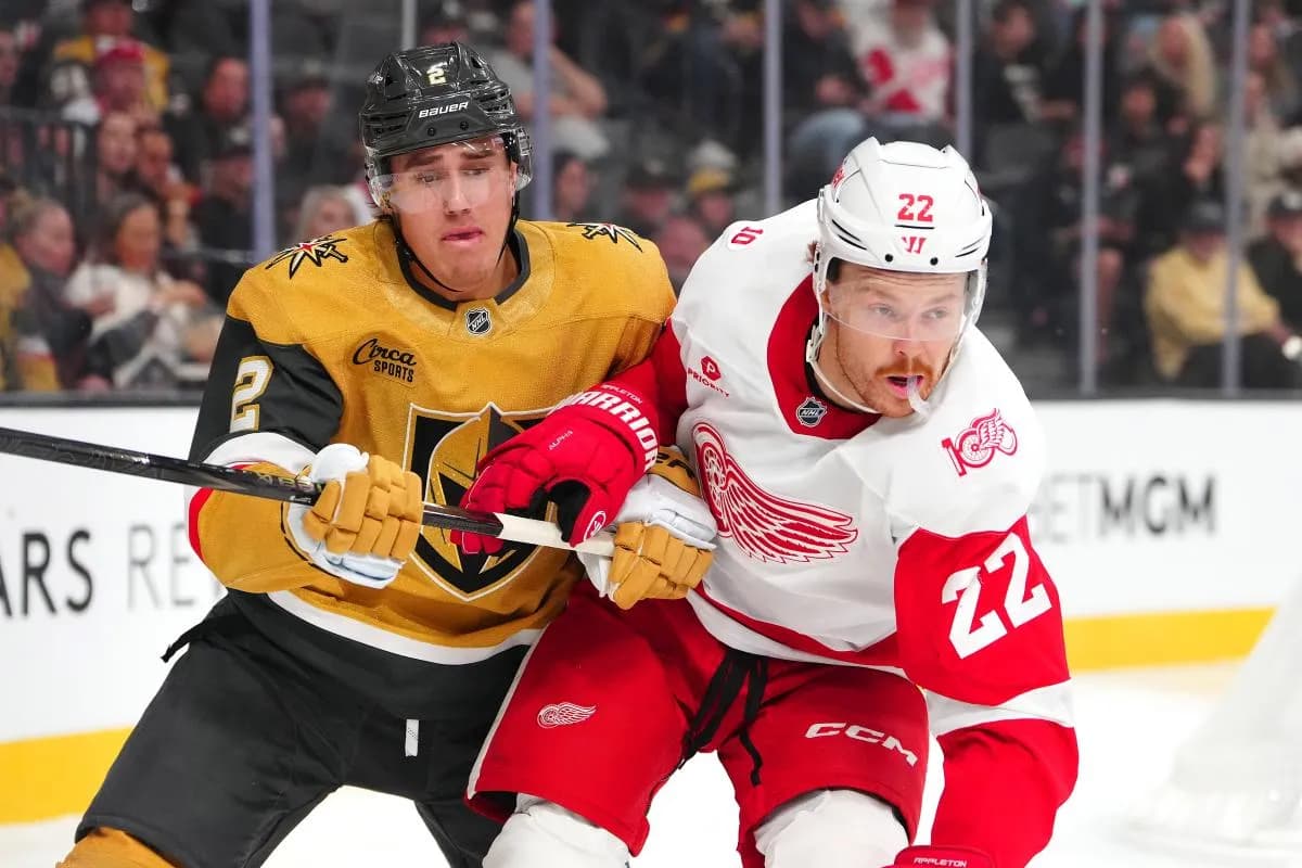 Vegas Golden Knights defenseman Zach Whitecloud (2) skates against Detroit Red Wings center Mason Appleton (22) during the first period at T-Mobile Arena.