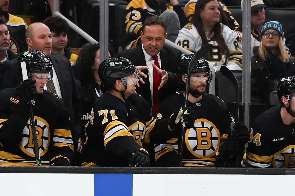 Boston Bruins head coach Marco Sturm talks with left wing Viktor Arvidsson (71) during the second period against the New York Islanders at TD Garden.