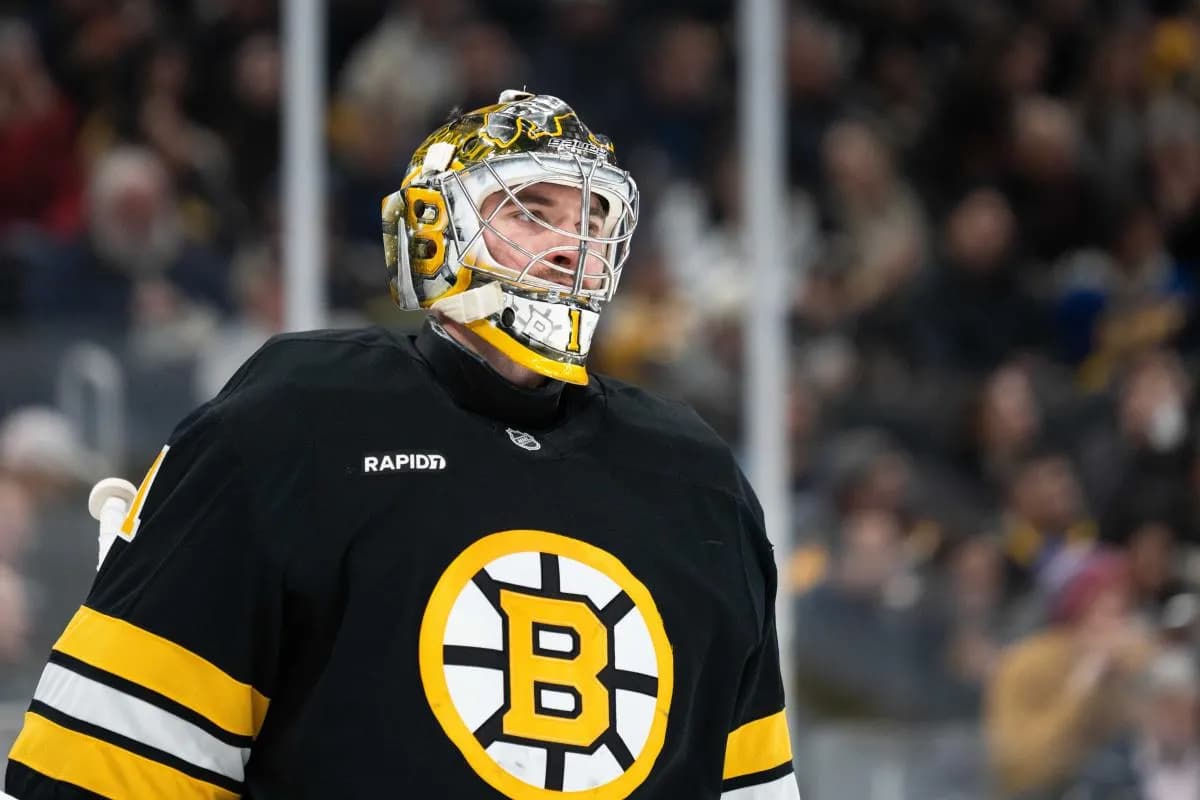 Boston Bruins goaltender Jeremy Swayman (1) after a stop in play during the second period of the game against the Detroit Red Wings at TD Garden.
