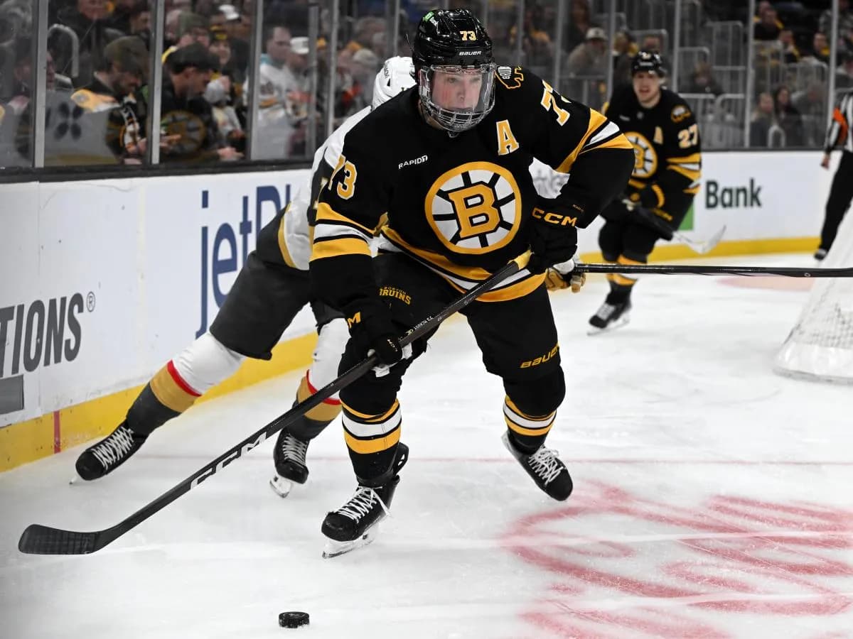Boston Bruins defenseman Charlie McAvoy (73) skates against the Vegas Golden Knights during the second period at the TD Garden.