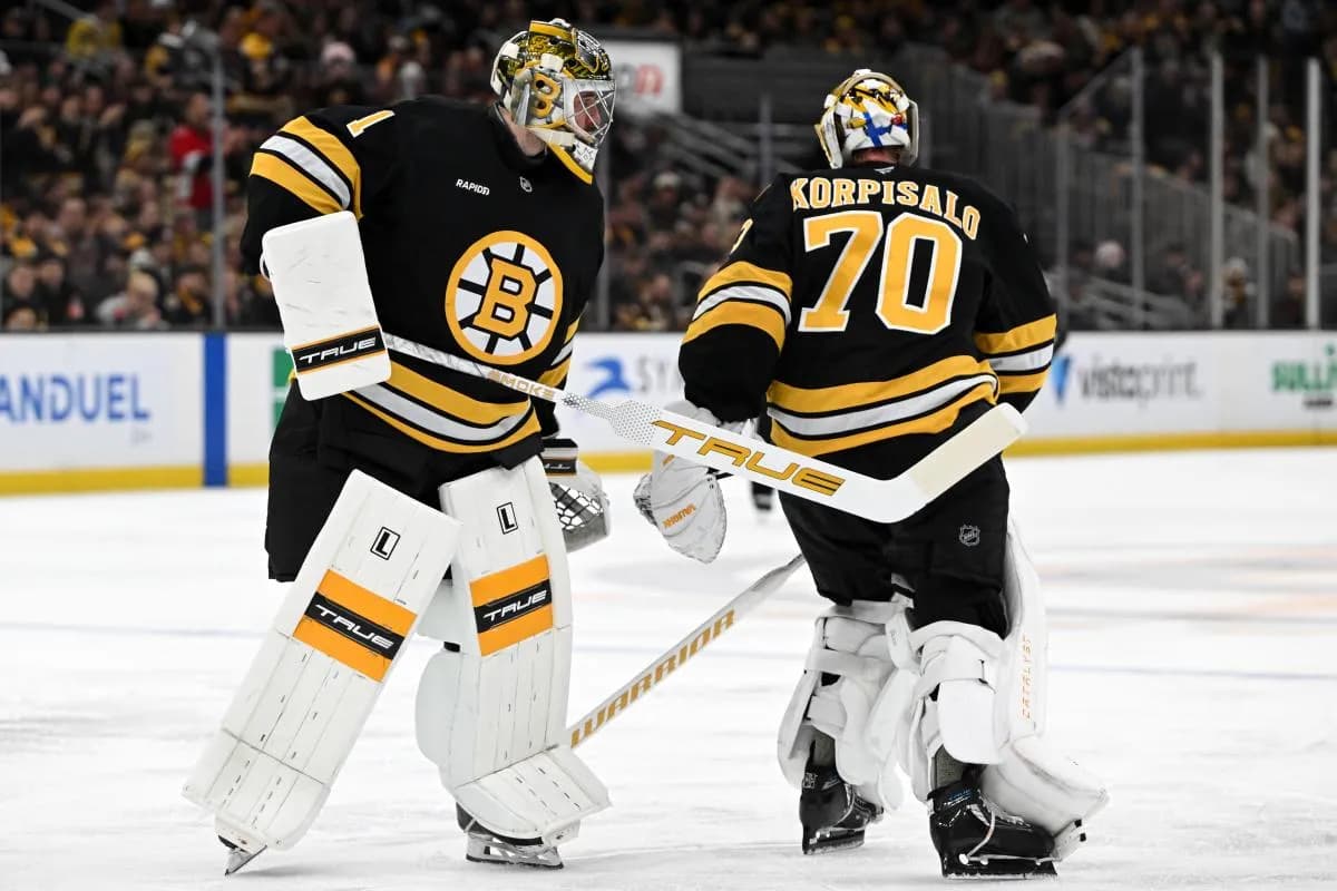 Boston Bruins goaltender Jeremy Swayman #1 replaces goaltender Joonas Korpisalo #70 during the second period of a game against the Ottawa Senators at the TD Garden.