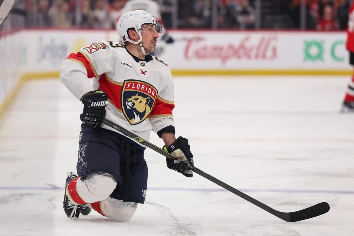 Florida Panthers left wing Brad Marchand (63) reacts to a penalty call against the New Jersey Devils during the second period at Prudential Center.