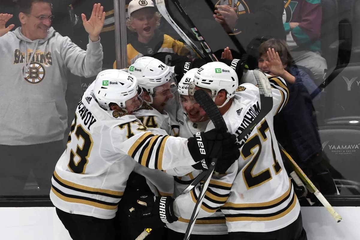 Boston Bruins center Matthew Poitras (51) celebrates with teammates after scoring his second goal of the game during the third period against the Anaheim Ducks at Honda Center