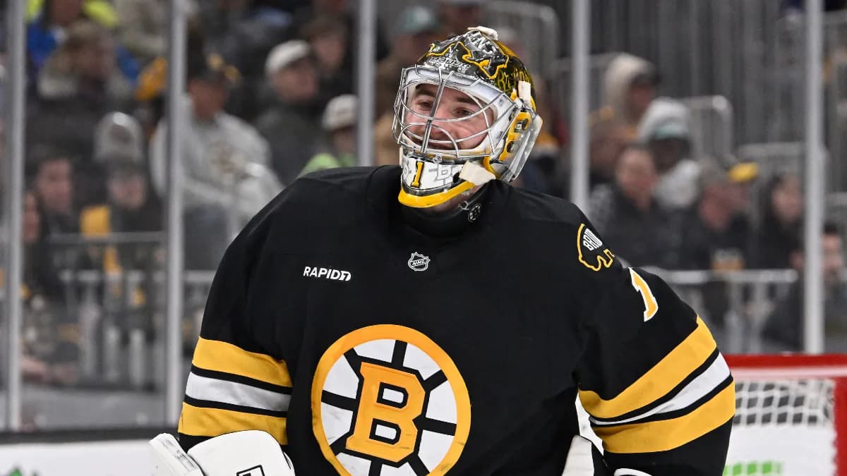 Boston Bruins goaltender Jeremy Swayman (1) reacts after making a save during the second period against the Winnipeg Jets at TD Garden