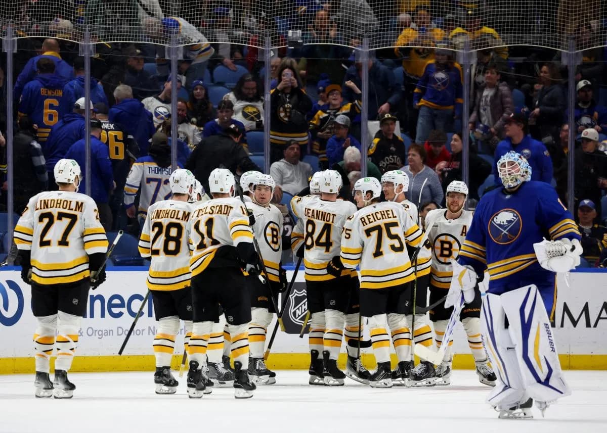 The Boston Bruins celebrate a win over the Buffalo Sabres at KeyBank Center.Timothy