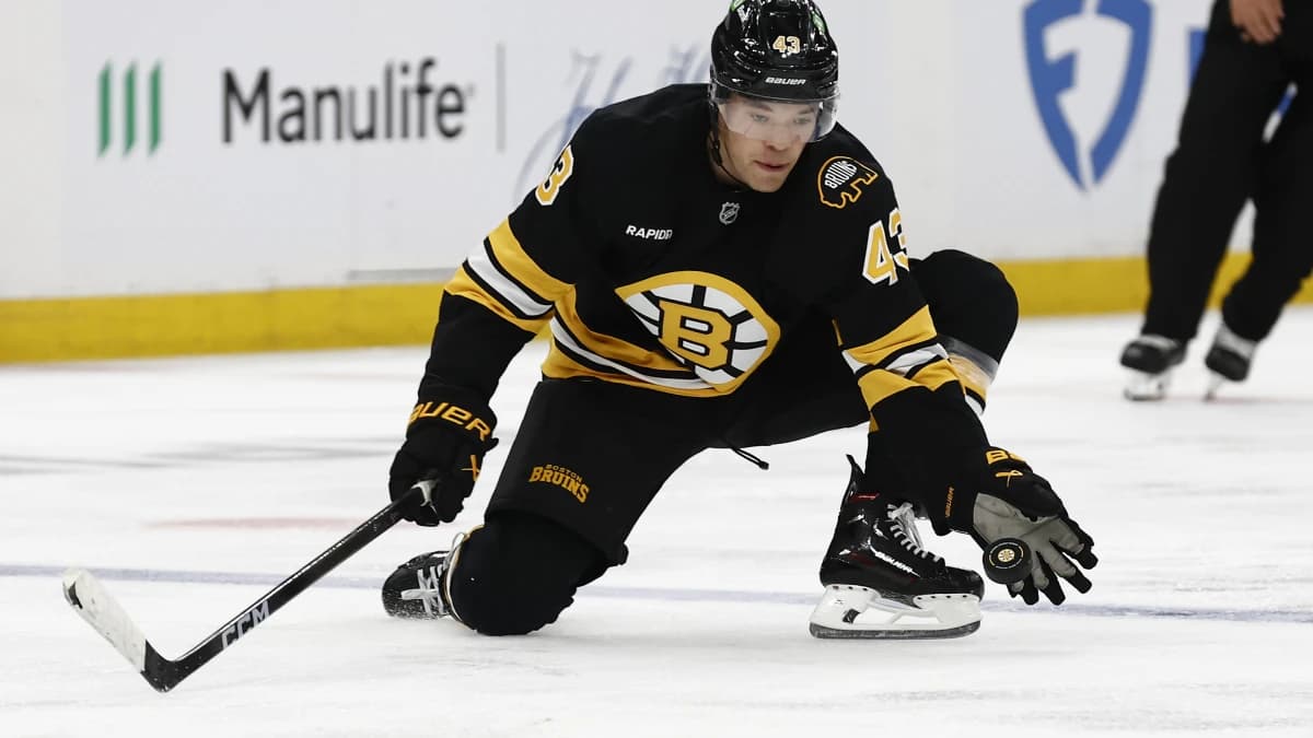 Boston Bruins defenseman Jordan Harris (43) reaches for a puck to keep it in the zone during the third period against the Buffalo Sabres at TD Garden.