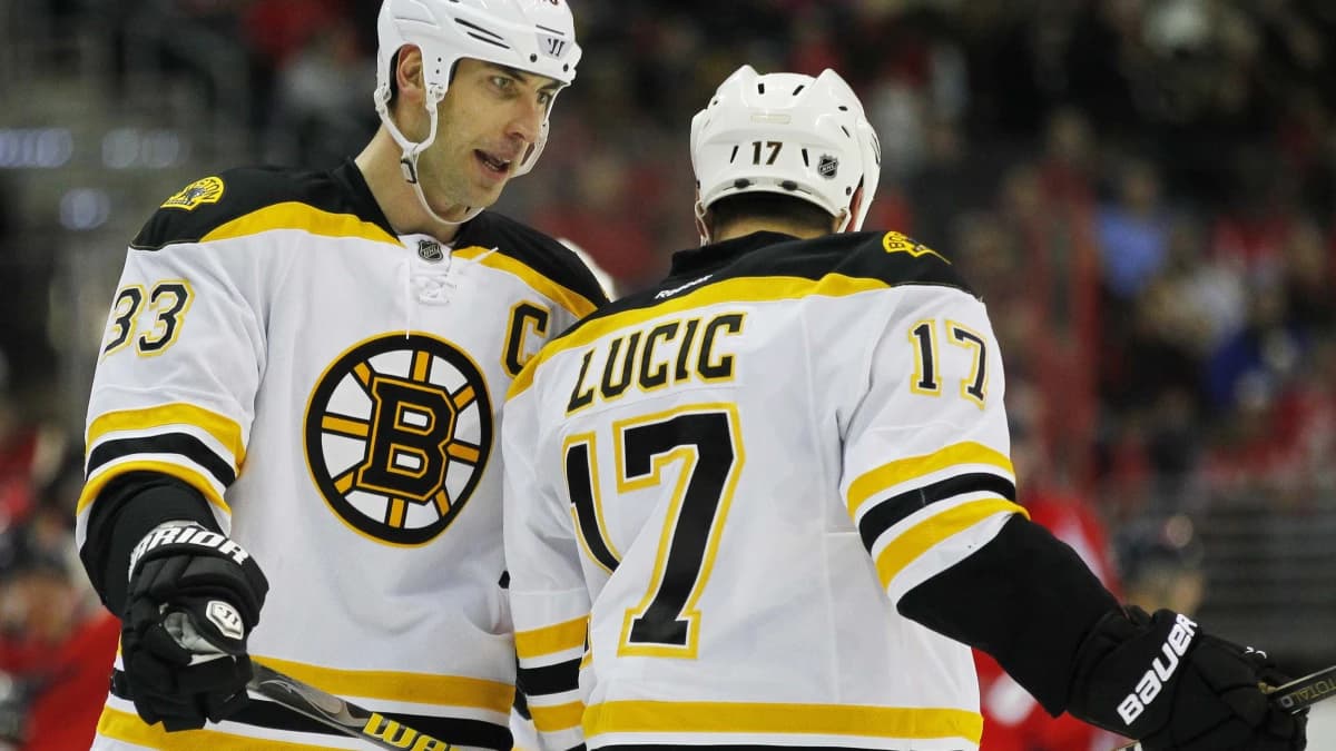 Boston Bruins defenseman Zdeno Chara (33) talks with Bruins left wing Milan Lucic (17) against the Washington Capitals at Verizon Center