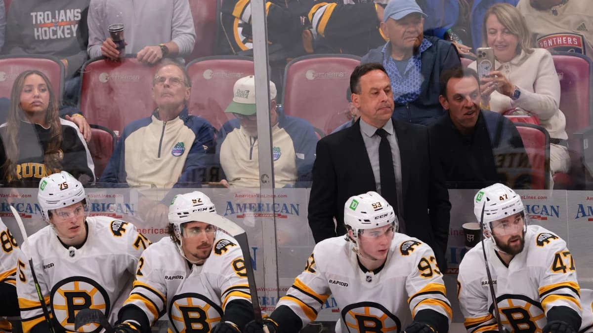 Boston Bruins head coach Marco Sturm watches from the bench against the Florida Panthers during the third period at Amerant Bank Arena.
