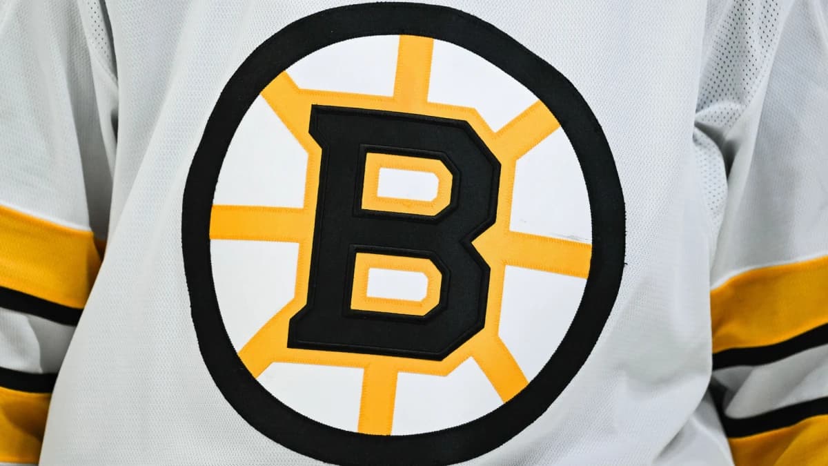 View of a Boston Bruins logo on a jersey worn by a member of the team during the second period at Bell Centre.