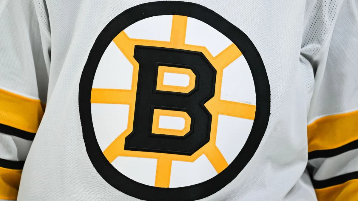View of a Boston Bruins logo on a jersey worn by a member of the team during the second period at Bell Centre.