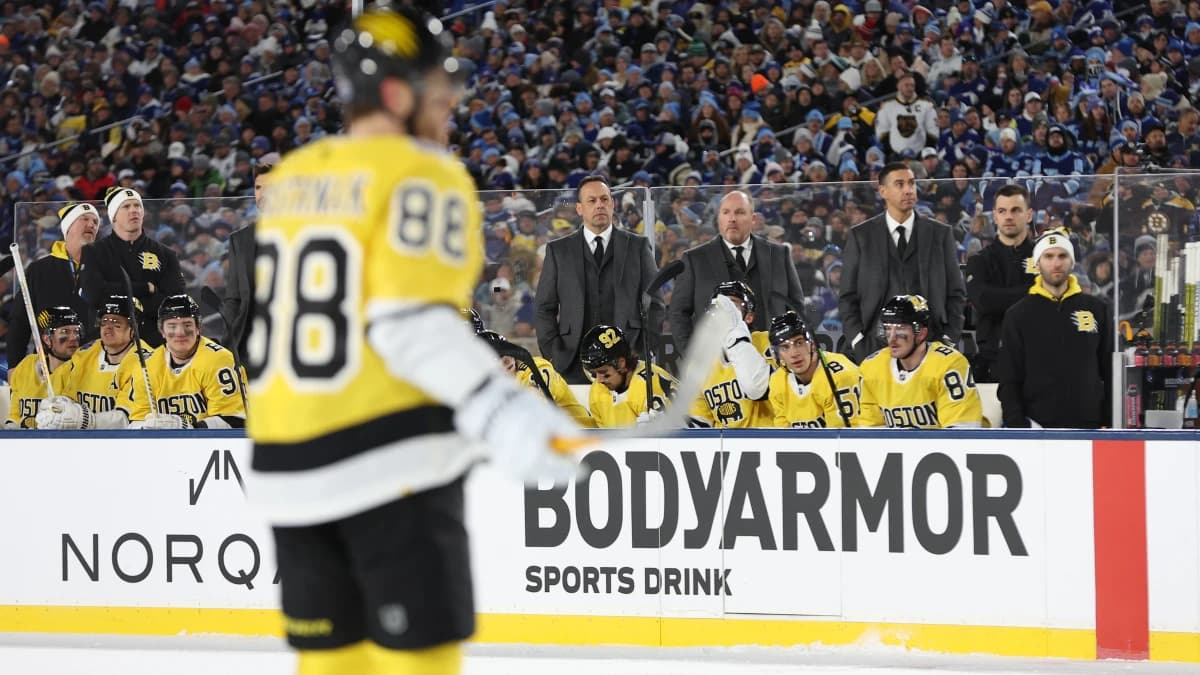 Boston Bruins head coach Marco Sturm looks on from the bench during the first period against the Tampa Bay Lightning in the 2026 Stadium Series ice hockey game at Raymond James Stadium.