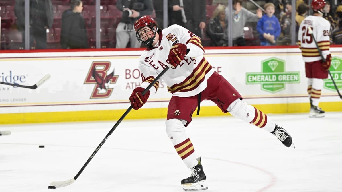 Boston College forward Dean Letourneau (20) warms up before a game against the University of New Hampshire Wildcats at Conte Forum.