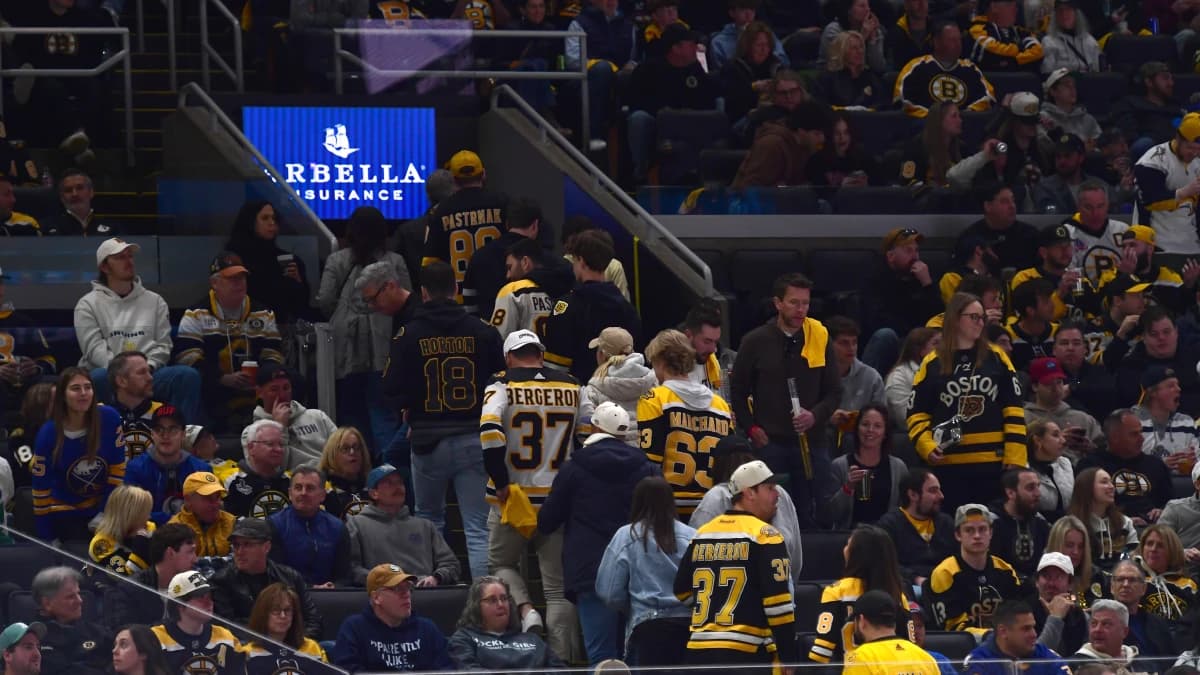 Fans head for the exit during the third period in game four of the first round of the 2026 Stanley Cup Playoffs between the Boston Bruins and Buffalo Sabres at TD Garden.