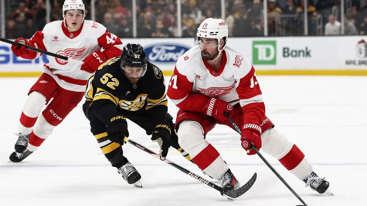Detroit Red Wings center Dylan Larkin (71) goes around Boston Bruins center Sean Kuraly (52) during the third period at TD Garden.