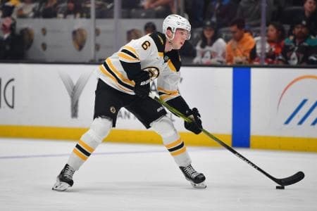 Boston Bruins defenseman Mason Lohrei (6) controls the puck against the Anaheim Ducks during the first period at Honda Center.