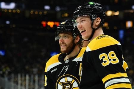Boston Bruins center Morgan Geekie (39) reacts after a goal by right wing David Pastrnak (88) during the third period at TD Garden.