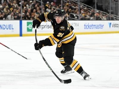 Boston Bruins center Alex Steeves (21) takes a shot against the Carolina Hurricanes during the first period at the TD Garden.