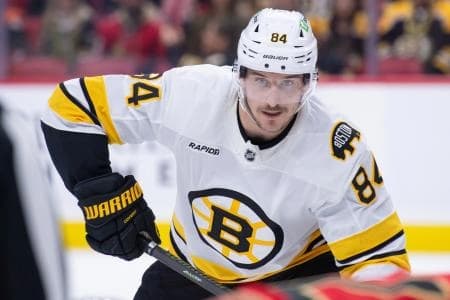 Boston Bruins left wing Tanner Jeannot (84) gets in position for a faceoff in the second period against the Ottawa Senators at the Canadian Tire Centre.