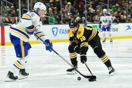 Buffalo Sabres defenseman Rasmus Dahlin (26) and Boston Bruins center Pavel Zacha (18) battle for the puck during the third period at TD Garden.