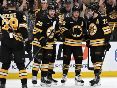 Boston Bruins right wing David Pastrnak #88 celebrates with teammates after scoring a goal against the Ottawa Senators during the first period at the TD Garden.