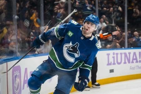 Vancouver Canucks forward Jake DeBrusk (74) celebrates his goal against the Columbus Blue Jackets in the second period at Rogers Arena.