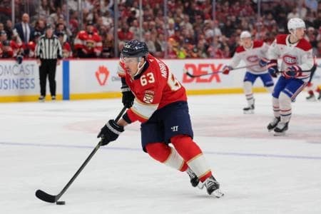 Florida Panthers left wing Brad Marchand (63) moves the puck against the Montreal Canadiens during the third period at Amerant Bank Arena.