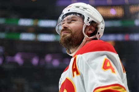 Calgary Flames defenseman Rasmus Andersson (4) looks on during the second period against the Los Angeles Kings at Crypto.com Arena.
