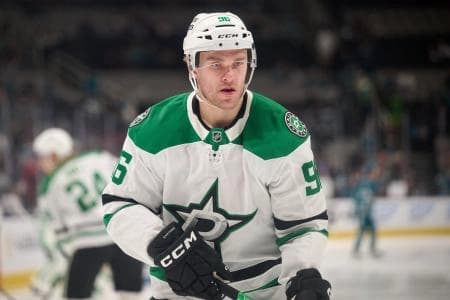 Dallas Stars right wing Mikko Rantanen (96) warms up before the game against the San Jose Sharks at SAP Center at San Jose.