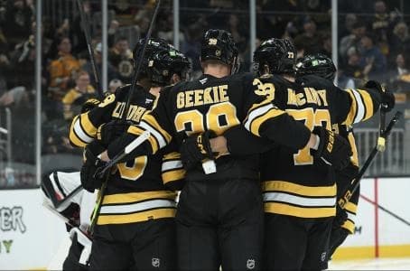 Boston Bruins center Morgan Geekie (39) celebrates a goal by center Elias Lindholm (28) with his linemates during the third period against the Chicago Blackhawks at TD Garden.