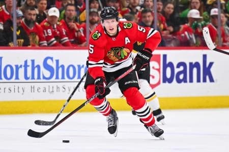 Chicago Blackhawks defenseman Connor Murphy (5) skates against the Boston Bruins at United Center.