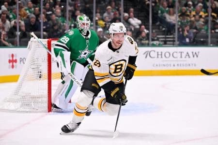 Boston Bruins center Elias Lindholm (28) skates against the Dallas Stars during the game at the American Airlines Center.