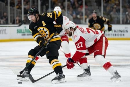 Detroit Red Wings center Michael Rasmussen (27) and Boston Bruins center Elias Lindholm (28) battle for the puck during the first period of the game at TD Garden.