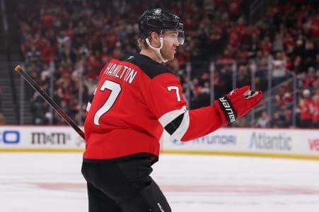 New Jersey Devils defenseman Dougie Hamilton (7) celebrates his goal against the Nashville Predators during the second period at Prudential Center.