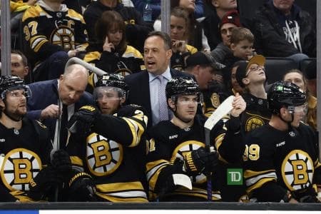 Boston Bruins head coach Marco Sturm talks to his players during the third period against the Tampa Bay Lightning at TD Garden.